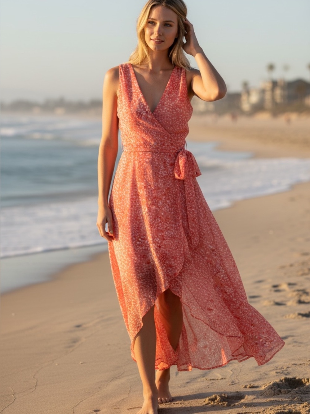 DKNY Coral Floral Wrap Women’s Midi Dress